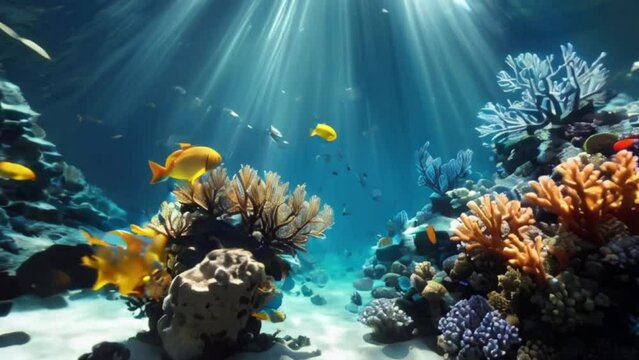 create a under water image of the ocean with extra large vibrant fish, coral, and other sea life, light rays shining through the ocean, tranquil, 

