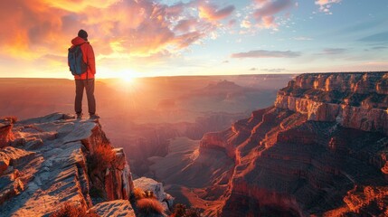 An explorer stands on the edge of the Grand Canyon, gazing at the breathtaking view as the sun sets, painting the sky with vibrant colors.