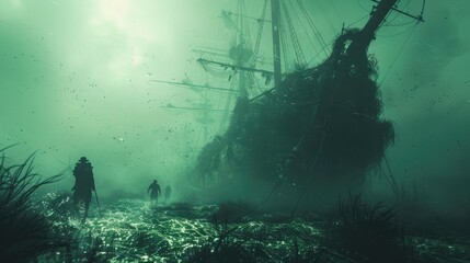 Pirate spirit discover the eerie beauty of a shipwreck resting in the depths of the ocean, surrounded by the mysteries of aquatic life. - obrazy, fototapety, plakaty