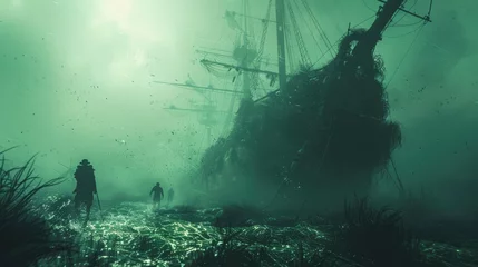 Papier Peint photo Lavable Naufrage Pirate spirit discover the eerie beauty of a shipwreck resting in the depths of the ocean, surrounded by the mysteries of aquatic life.