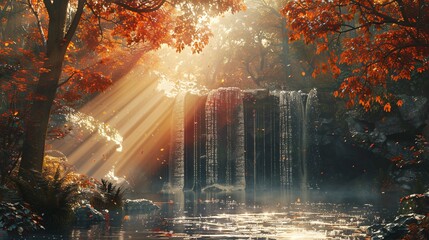 Fall Foliage Frenzy A Sunlit Waterfall in Autumn Generative AI