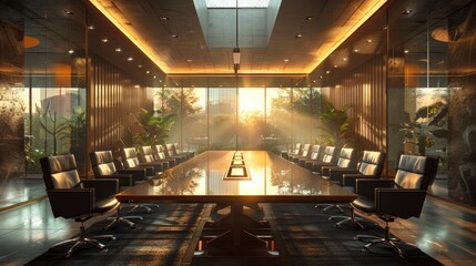 Elegant corporate boardroom featuring a long, reflective table, leather chairs, and a captivating sunset view through floor-to-ceiling windows.