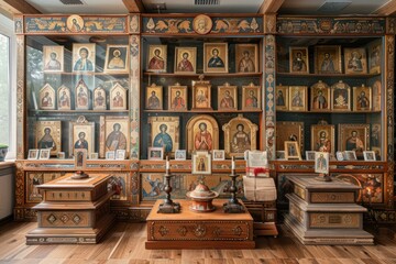 History in Icons: Church Iconostasis Decorated with Ancient Shrines as a Body of Knowledge and Mysticism - obrazy, fototapety, plakaty