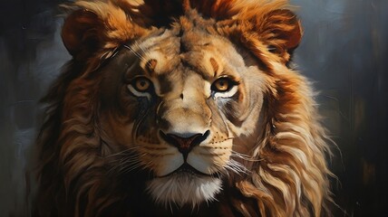 Fototapeta premium realistic oil paint art of Close-up of a lion's face. 