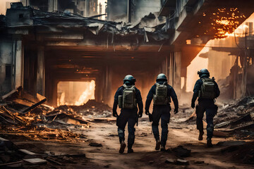 patrol of army walking into a destroyed city - obrazy, fototapety, plakaty