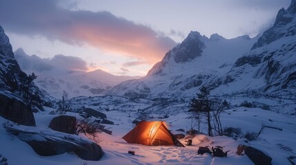 A glowing tent stands out against the twilight of a serene, snow-covered mountain landscape. - obrazy, fototapety, plakaty