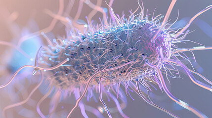 A detailed 3D rendering of a bacterium with a focus on its structure and flagella, set against a soft, pastel background.