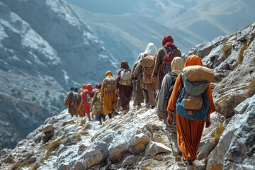 Spontaneous ascent: pilgrims climb the mountain to the holy temple of faith - obrazy, fototapety, plakaty