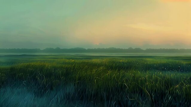 Foggy sunrise in the meadow.