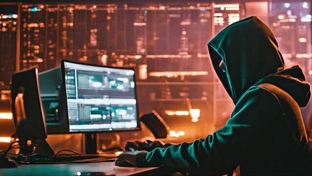 Unrecognizable hooded scammer steals data from office computers at night. Hacker hacks access to classified materials.