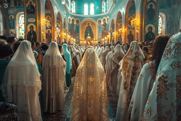 Foto op Canvas Glorification in the chapels: renewed icons accompany the procession of the faithful in the church © ЮРИЙ ПОЗДНИКОВ