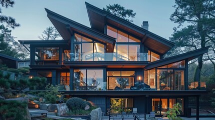 A craftsman house with a unique asymmetrical roofline and large glass walls, embracing contemporary...