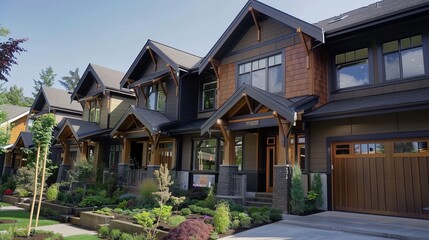 A detailed shot of a craftsman-style townhome exterior, highlighting its blend of classic elegance and contemporary flair, with features such as custom woodwork, sleek metal accents.