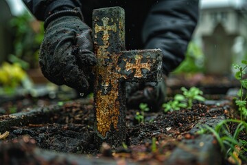 Sign of Eternal Remembrance: An old cross is placed in the cemetery as a sign of respect for the departed, reminding of eternity and devotional prayers