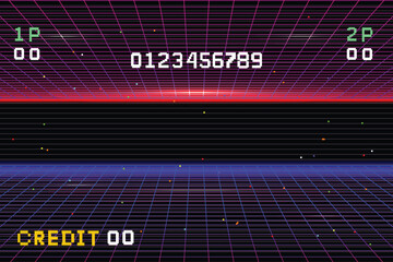 pixel art .8 bit game. retro game.Retro Futurism Sci-Fi Background. glowing neon grid. and stars from vintage arcade computer games