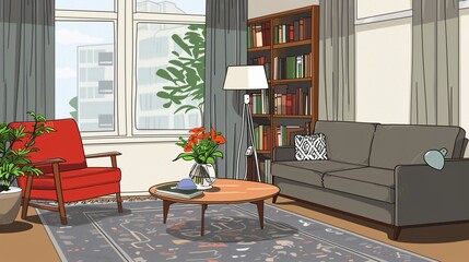 A Cozy Reading Nook A Comfortable Couch, Books, and a Vase of Flowers Generative AI