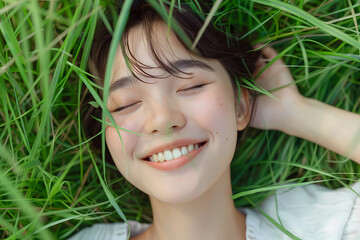 a young smiling woman leaning against green grass - obrazy, fototapety, plakaty