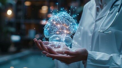 A lot of  doctor hands holding a brain hologram with light effects on a blurred background