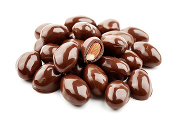 Fototapeta premium Pile of chocolate-dipped almond nuts isolated on a white background, captured in close-up.