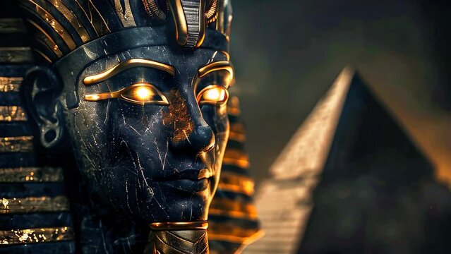 Dark stone statue with glowing eyes, representing an Egyptian god or pharaoh
