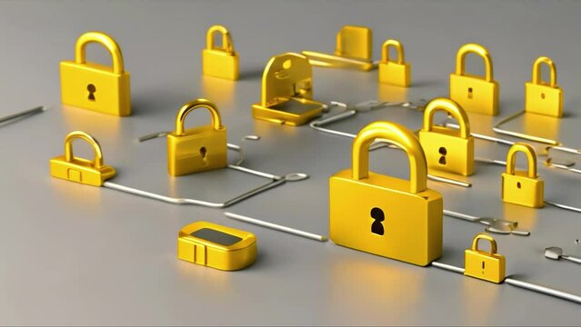 Many golden locks connected by silver wires on a gray background. Cybersecurity and virtual data preservation.