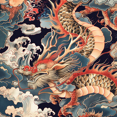 A dragon is depicted in a painting with a blue background and white clouds