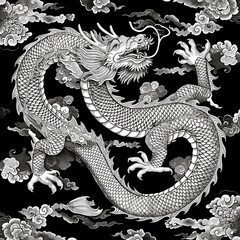 A black and white drawing of a dragon with its mouth open
