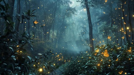 A mystical forest scene where luminescent fairies dance among the foliage, their delicate wings catching the soft glow of fireflies. - obrazy, fototapety, plakaty