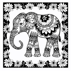 Fototapeta premium A black and white drawing of an elephant with flowers around it