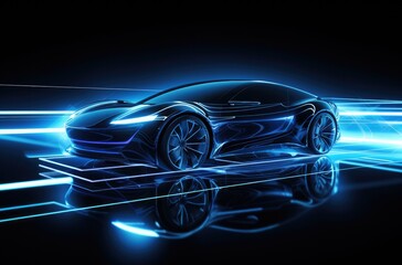 car is shown in the background with glowing lines and neon light effects, creating an atmosphere of futuristic technology.