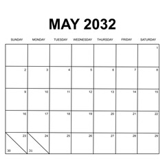 may 2032. calendar for 2032. week starts on Sunday. printable, simple, and clear design. calendar vector design.