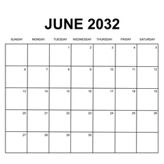 june 2032. calendar for 2032. week starts on Sunday. printable, simple, and clear design. calendar vector design.