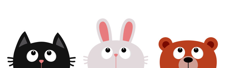 Black cat kitten, white bunny rabbit, brown bear head face looking up. Forest animal set. Big eyes. Cute cartoon kawaii baby character. Childish style. Flat design. White background. Isolated. - 756239567