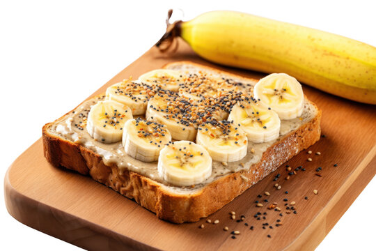 Peanut Butter Bread With Banana Sprinkle With Chia Seeds. Place On A Wooden Cutting Board Taken From A High Angle Isolated On A Transparent Background.