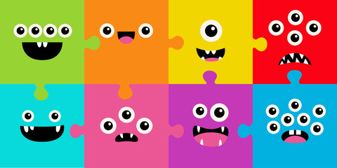 Square monster face head set banner. Puzzle game. Happy Halloween. Spooky Smiling Boo screaming sad face emotion. Cute character. Eyes, teeth fang, mouse. Flat design style. Baby kids background. - 756239700