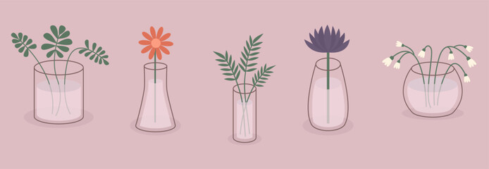 Different flowers, plant leaves. Glass vases with water. Flower in vase set line. Daisy chamomile, gerbera, aster, lily of valley icon. Ceramic Pottery decoration. Pink background. Flat design. - 756239783