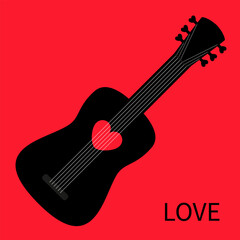 Acoustic guitar icon. Love. Music instrument. Red heart icon sign symbol. Black silhouette. Love greeting card, banner, invitation template. Happy Valentines Day. Flat design. Red background. - 756239936