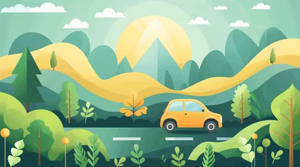  A yellow car is driving down a road in a lush green forest, concept of EV car and sustainability © Riley