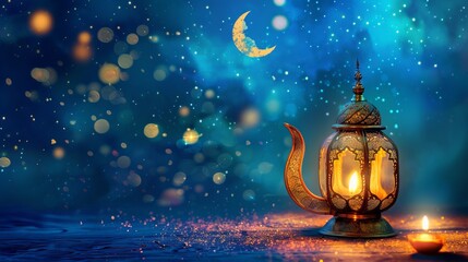 Vibrant illuminated islamic eid festival greeting with crescent moon and traditional lamp - cultural celebration concept - obrazy, fototapety, plakaty
