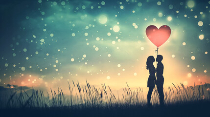 A couple is standing in a field with a heart balloon between them