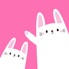 Two white rabbit bunny head face set in the corner. Waving hand. Happy Easter. Cute cartoon kawaii funny baby character. Farm animal. Childish style. Flat design. Pink background. - 756240121