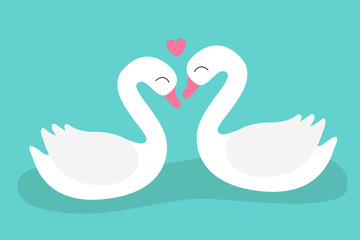 White swan birds floating in the water. Two bird love couple set. Happy Valentines day. Pink heart. Cute cartoon kawaii funny baby character. Love card. Flat design. Blue background. - 756240124