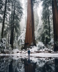 Winter walk in giant redwood forest covered in snow

