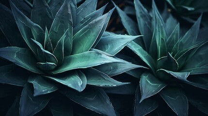Close-up, Top view of the Leaves of agave attenuata, a growing cactus in low blue light in the dark, nature. Beautiful Background, Rainforest Texture, Tropics.
