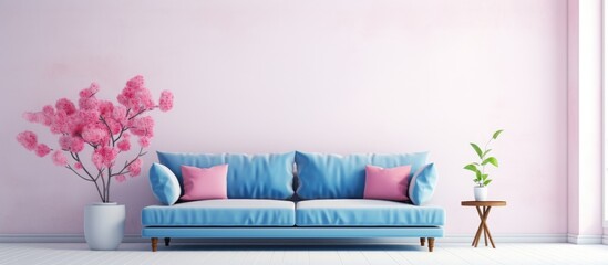 The living room features a blue couch with pink pillows against a pink wall, creating a vibrant and cozy interior design with a touch of purple and azure hues