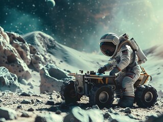 Astronaut Playing with Toy Car on the Moon, To convey the sense of adventure and exploration that comes with space travel, while also showcasing the