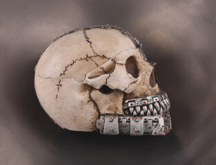cyborg skull isolated on metal background - 756240588