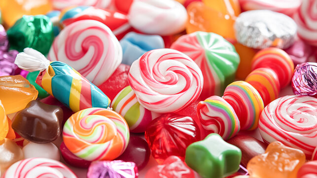 A colorful assortment of candy, including lollipops, gummy bears