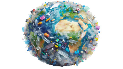 Artistic illustration of planet earth covered with plastic and waste. Transparent background. Isolated object. PNG file. Concept of pollution, plastic, waste, environment, destruction, climate change. - obrazy, fototapety, plakaty