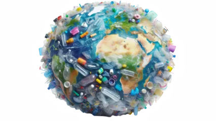 Fotobehang Artistic illustration of planet earth covered with plastic and waste. Transparent background. Isolated object. PNG file. Concept of pollution, plastic, waste, environment, destruction, climate change. © InfinityHeart Studio